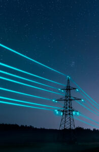 Energy movement with stylized, glowing power lines at night